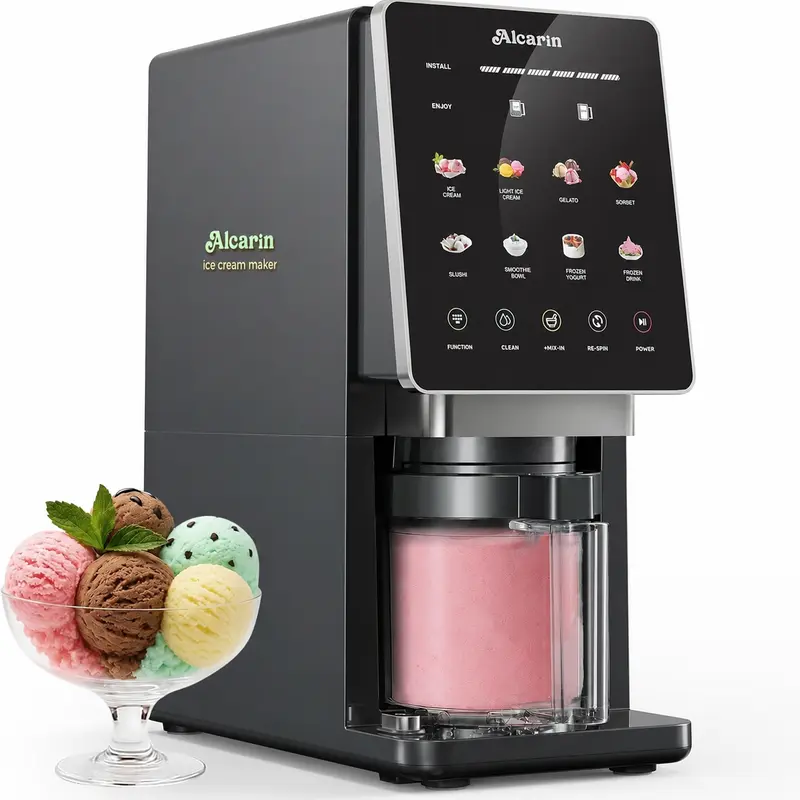 Alcarin 10-Program Frozen Treat Maker & Ice Cream Maker with Self-Cleaning Mode, Low-Noise Operation & 3 Pints, Mix-In & Re-Spin, Gelato, Sorbet, Frozen Yogurt, Slushies & High-Protein Desserts