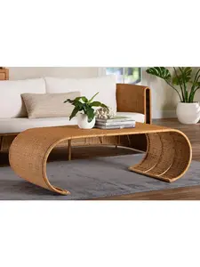 Bali & Pari 193271469277 Handwoven Rattan Coffee Table, Light Honey, Bohemian Curved Outdoor Palm Waterfall Table, Bohemian Coffee Table