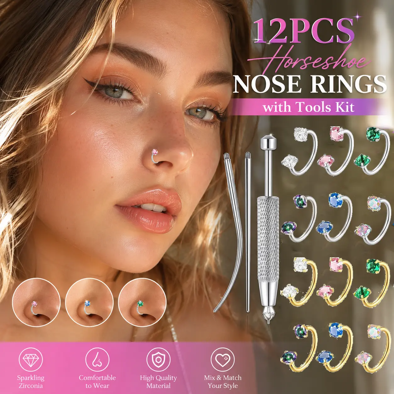 12PCS 18g Horseshoe Nose Ring for Women Surgical Steel Nose Rings Hoops Hypoallergenic Nose Piercings Jewelry Septum Rings Hoop Studs Corkscrew Tragus Earrings Helix Cartilage Lip Rings 8mm