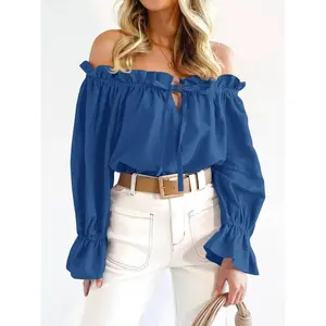 Lannew Womens Off The Shoulder Tops Puff Long Sleeve Tie Front Loose Fit Ruffle Shirts Blouses