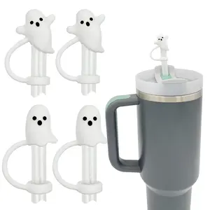 Cute Ghost Straw Covers Cap Compatible with Stanley Cup 30 40 oz, 4PCS Silicone Reusable Drinking Straw Topper Including 2 styles, Funny Tumbler Accessories Perfect Halloween Gifts