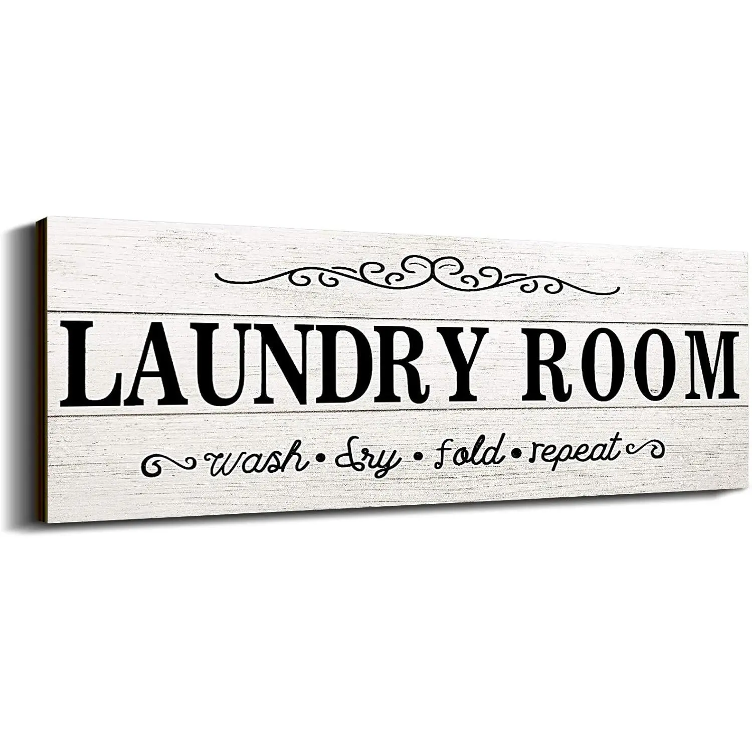 Rustic Farmhouse Decorative Plaque - Country Rustic Rectangular Wooden Laundry Room Wall Sign, 16x6 Inches (White), Wash Dry Fold Repeat Theme for Home Wall Decor
