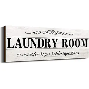 Laundry Room Decor Sign Wooden Rustic Farmhouse Family Laundry Room Wall Sign Wash Dry Fold Repeat Wall Decor Prints for Home, 16 x 6 Inches(White)