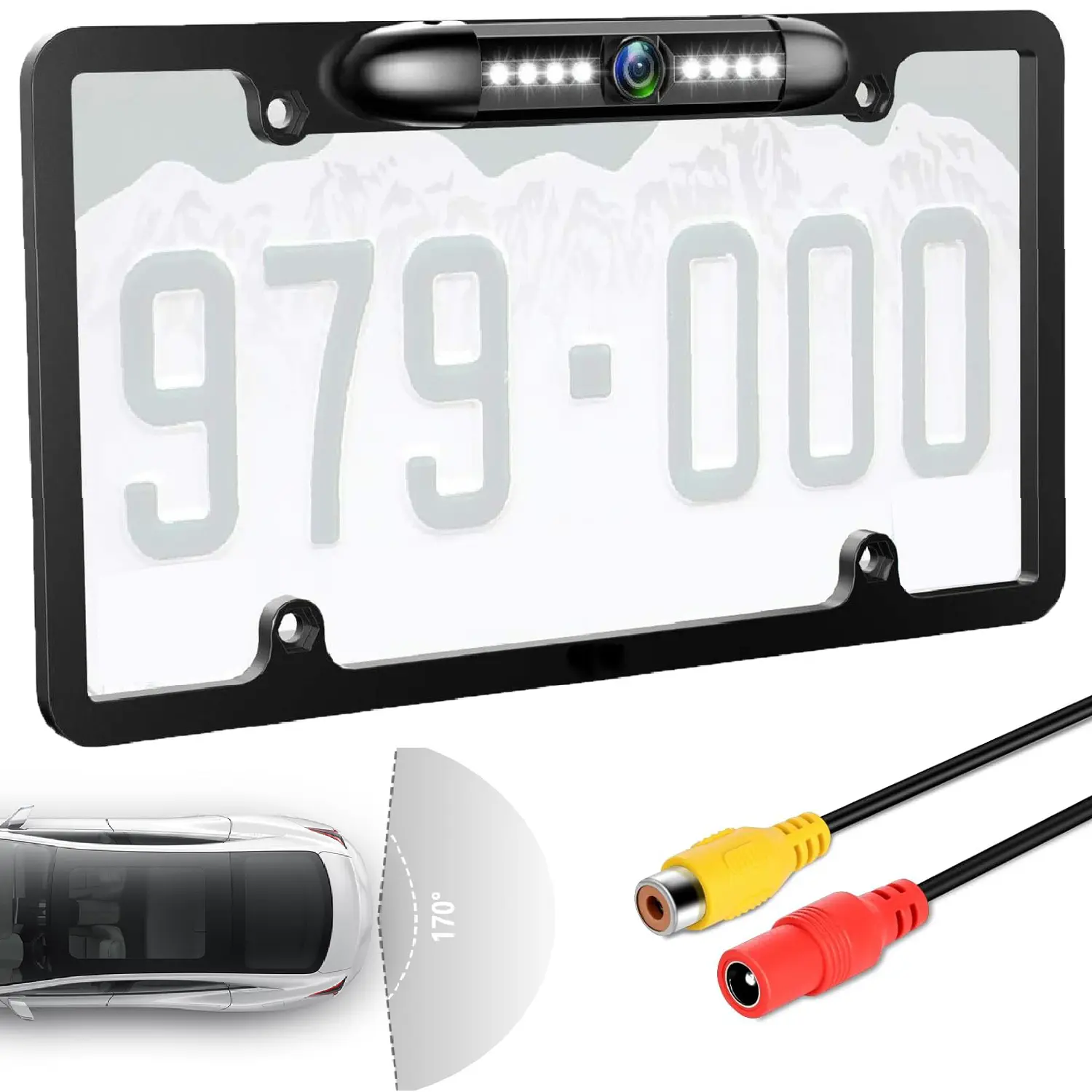 Universal Car License Plate Frame Backup Camera, 8 Bright LEDs, 170° Viewing Angle, Night Vision, Waterproof Vehicle Rear View Reversing Assist Security Camera, Car Universal