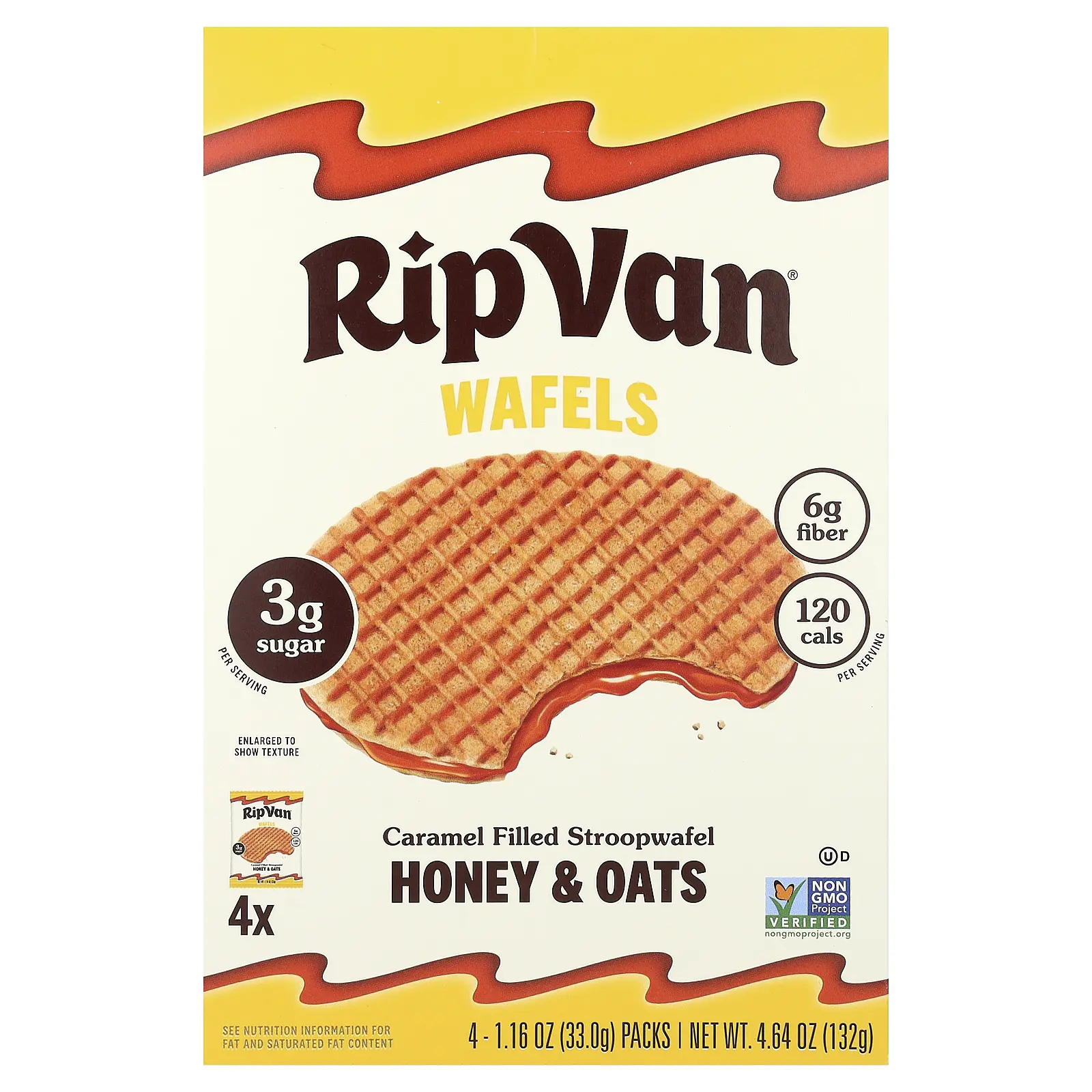 Rip Van Wafels Caramel Filled Stroopwafel, Honey & Oat, 4 Packs, 1.16 oz (33 g) Each