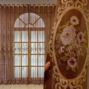 1pc 2026 Art Deco Coffee Brown Base With Bronze Gold Floral Embroidery Sheer Curtains Grommet Top Light Filtering For Glam Living Room, Dining Room & Entryway Decor Window Curtain