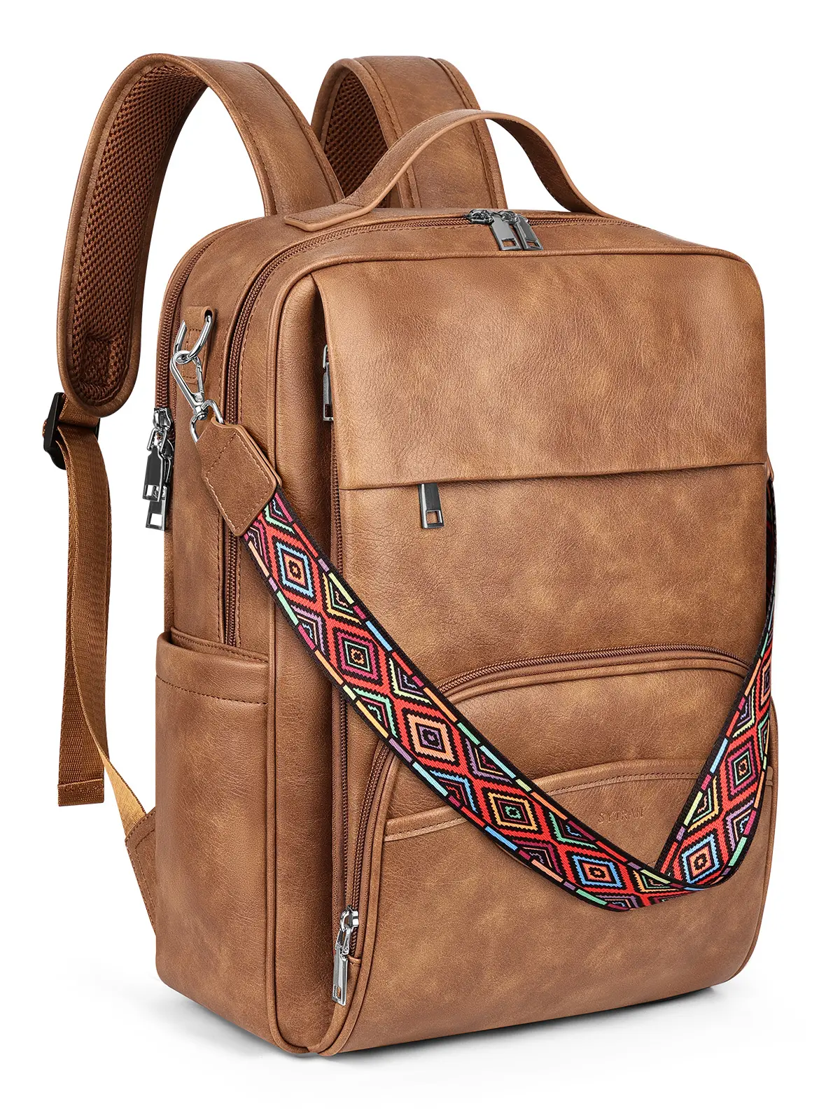 SYTRAH Leather Laptop Backpack, 15.6 Inch Business Computer Bag, Designer College Backpack Travel Backpack with Colorful Shoulder Bag Strap