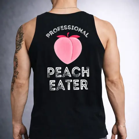 Professional Peach Eater Black Print Tank Top- Tattoo Street Wear Casual Cotton Shirt, Unisex, Minimalist Style, Trending for Men & Women