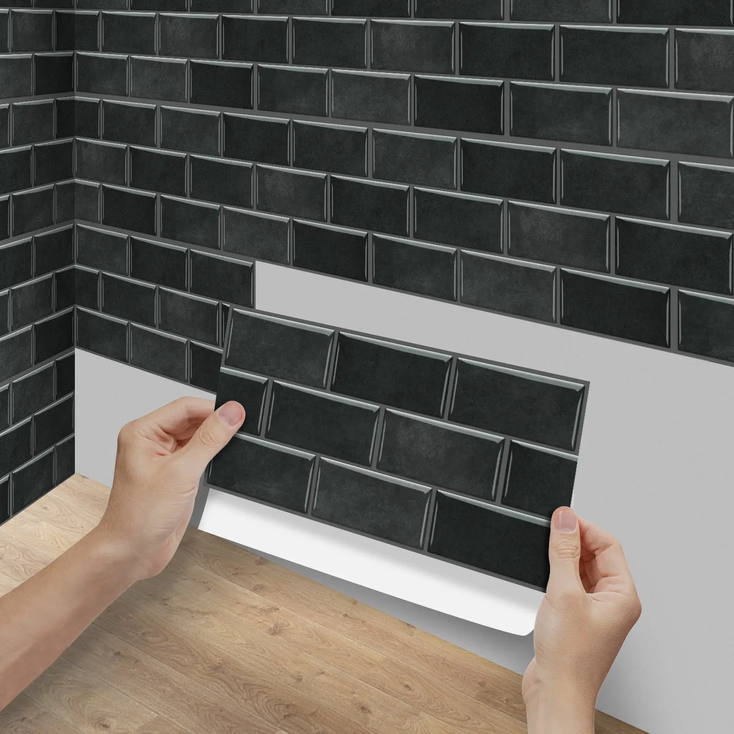 6/12/24/48 PCS FG Retro Tile Stickers Glossy Black Glazed Brick Pattern PVC Crystal Film Self-Adhesive Waterproof Oil-Proof Splashback for Kitchen Bathroom Floor Tile Wood Home Decoration