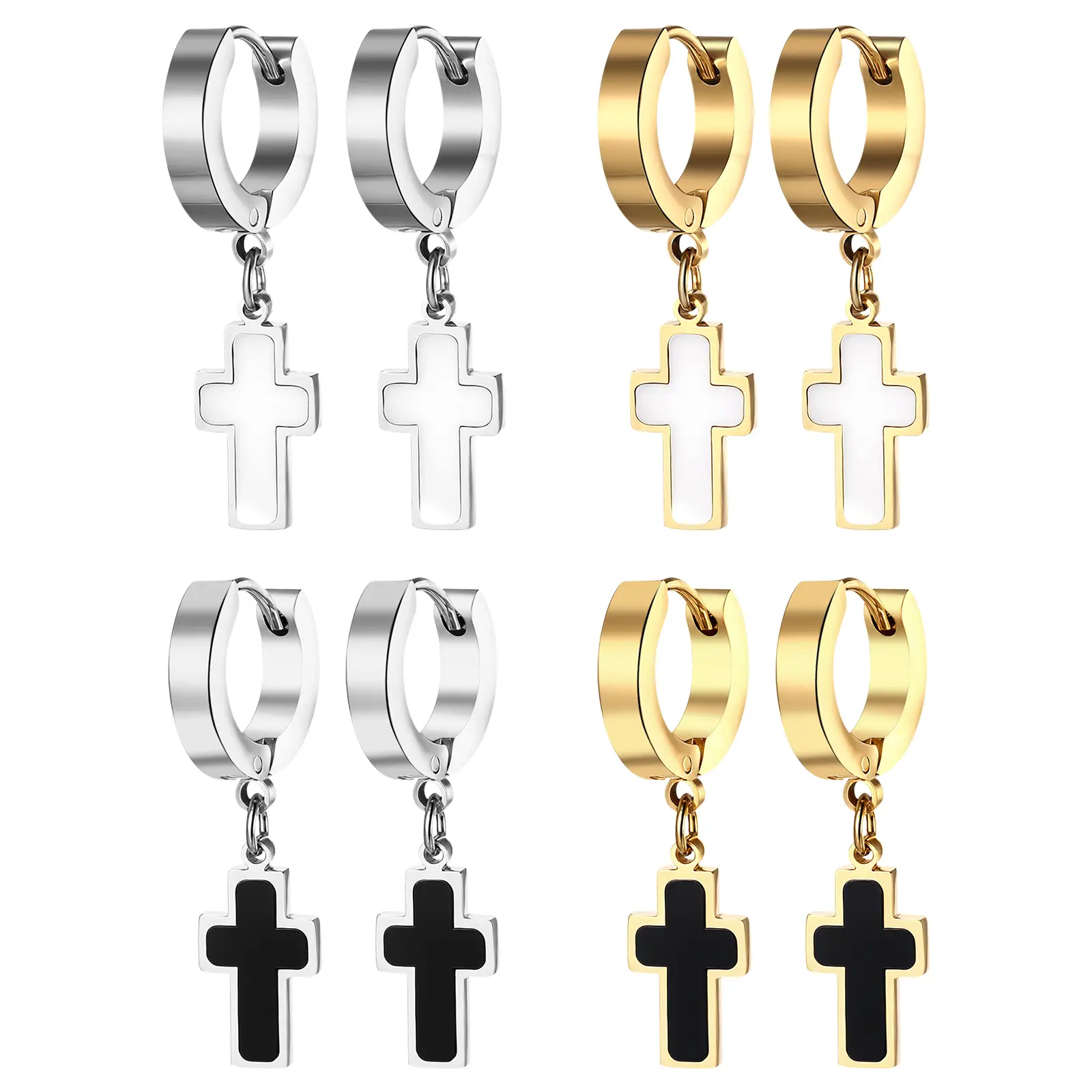OIDEA 4-Pair Unisex Lightweight Stainless Steel Hinged Hoop Earring Stack - Metal-Coated Cross Motif Crucifix Pendant, Daily Wear Men's Earrings Gift Jewelry Accessory, Set Of Four