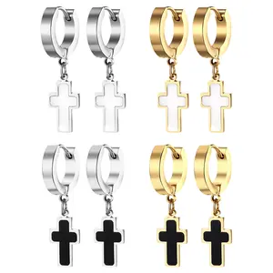 4 Pairs Cross Earrings: Stainless Steel Hinged Hoop Earring Shell Pendant Hoops Religious Jewelry For Men And Women