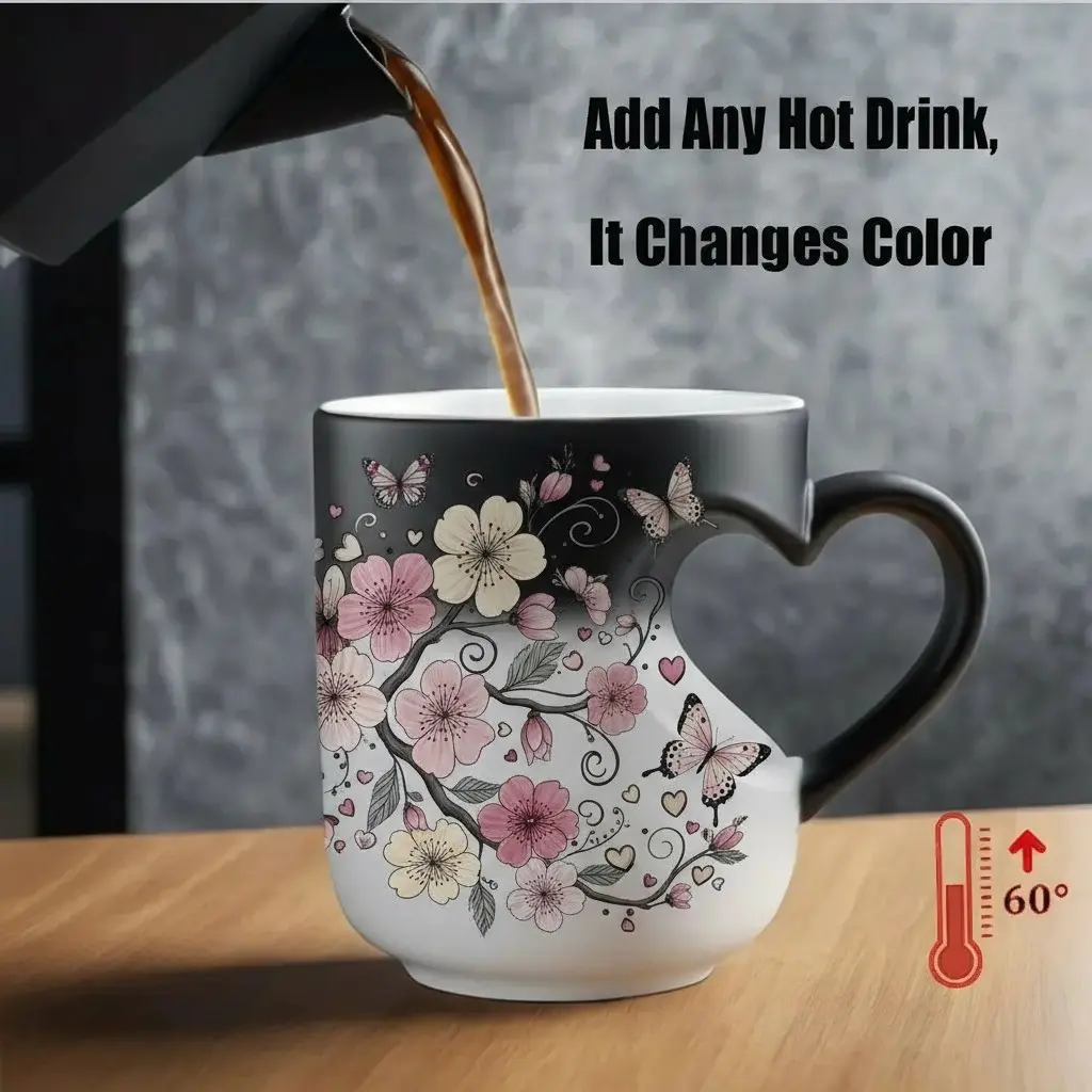 Floral Heart Handle Thermosensitive Ceramic Mug, 11oz/330ML, Color-Changing Insulated Cup for Hot/cold Drinks, Ideal Festival Gift