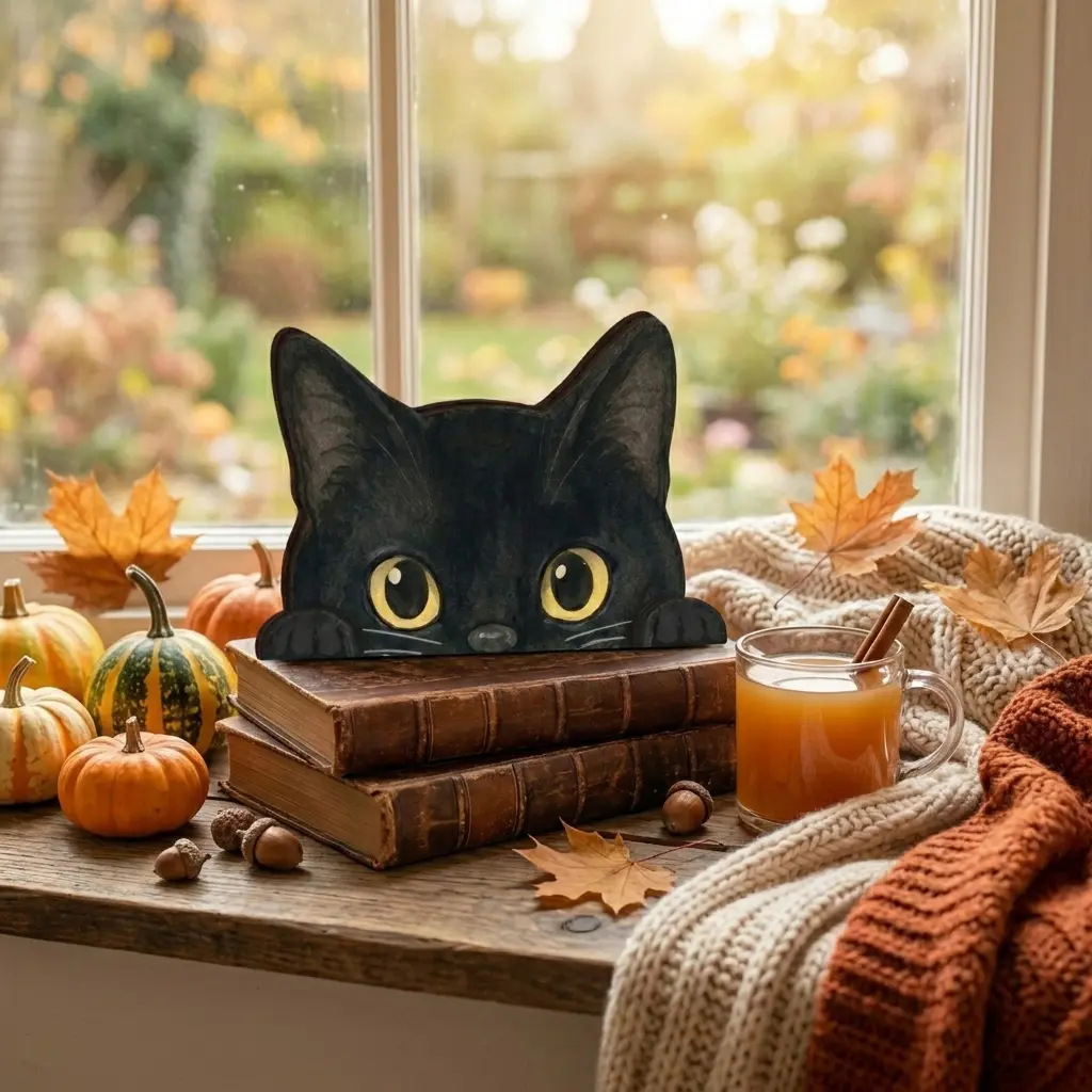 Vintage Halloween Decor, Retro Wooden Block for Shelf Decor, Black Cat Halloween Decor, 90s Halloween Decorations, Housewarming Gift, Halloween Decor 2026,