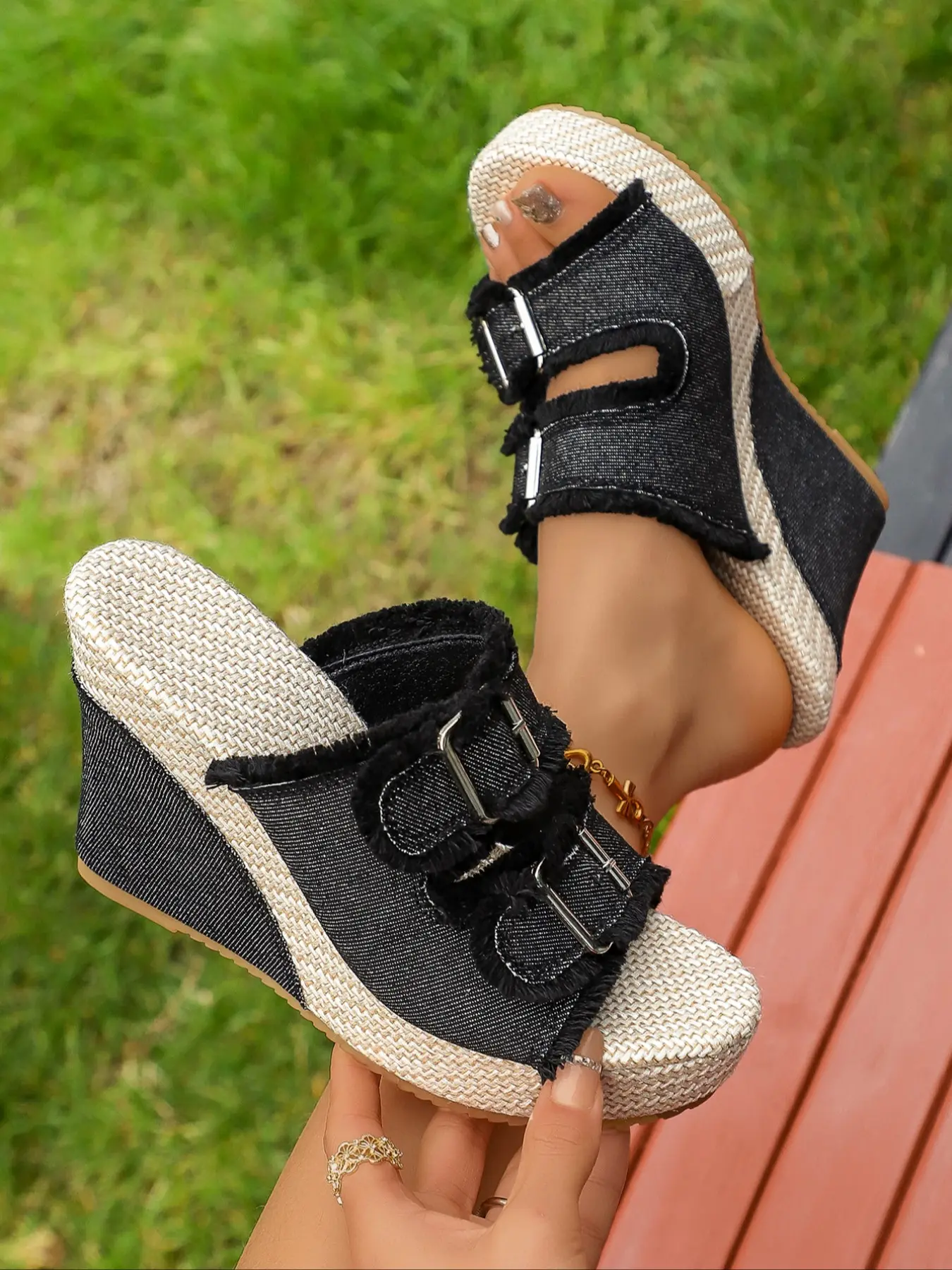 Women's 2026 Summer Vacation Essential Fringed Canvas Buckle Espadrille Wedge Mules, Open Toe Slip-On Footwear for Beach, Travel & Casual Summer Days