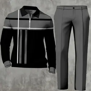 men"s casual plaid  quarter Zip polo sweatshirt and pants set 3D digital print 100% stripped print long sleeves . men wear for all occasions  , knitted fabic  for spring fall vacations, street fasion wear. Menswear Menswear