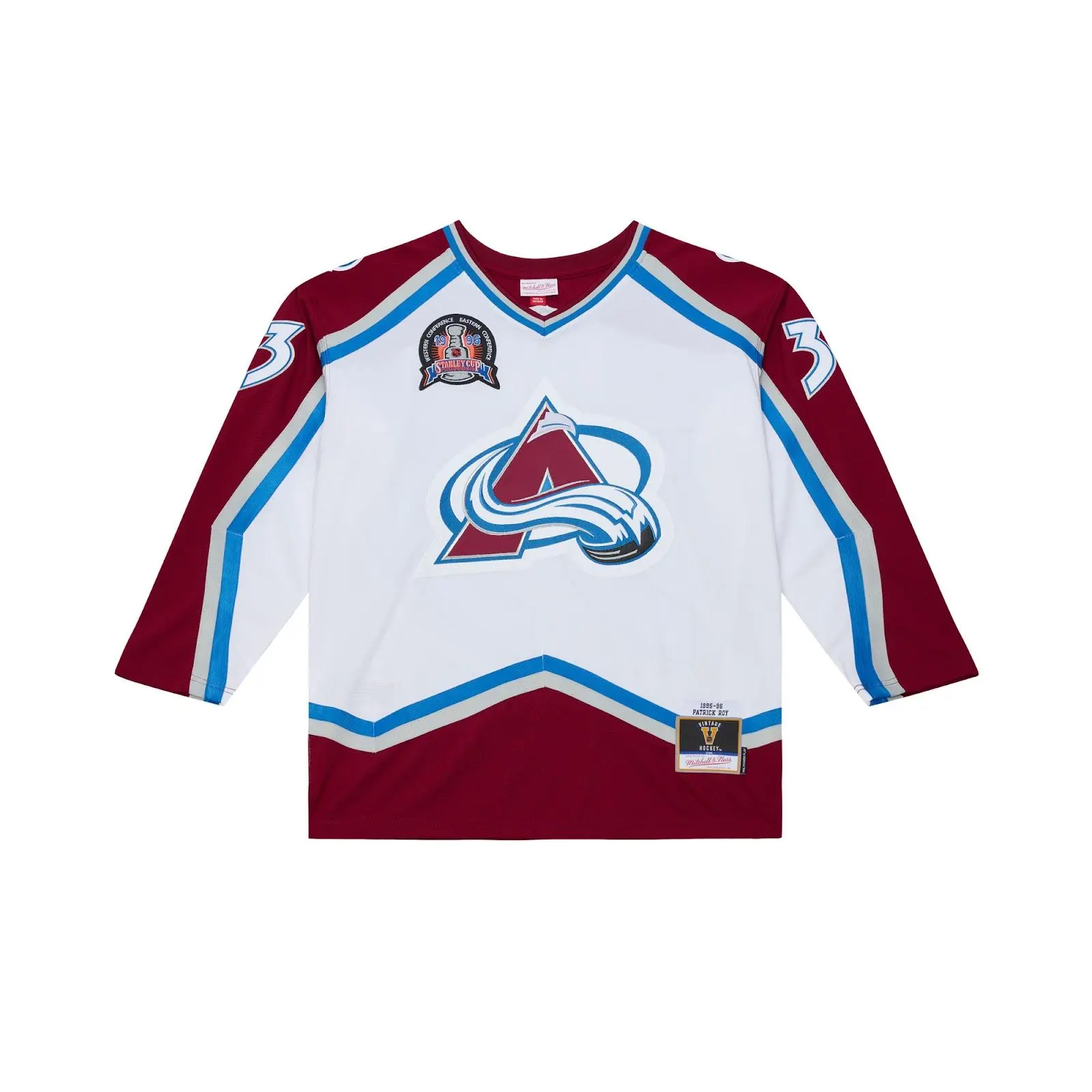 Patrick Roy Colorado Avalanche 1995-96 White Power Play Jersey NHL Throwback Hockey Fan Gear Mitchell & Ness