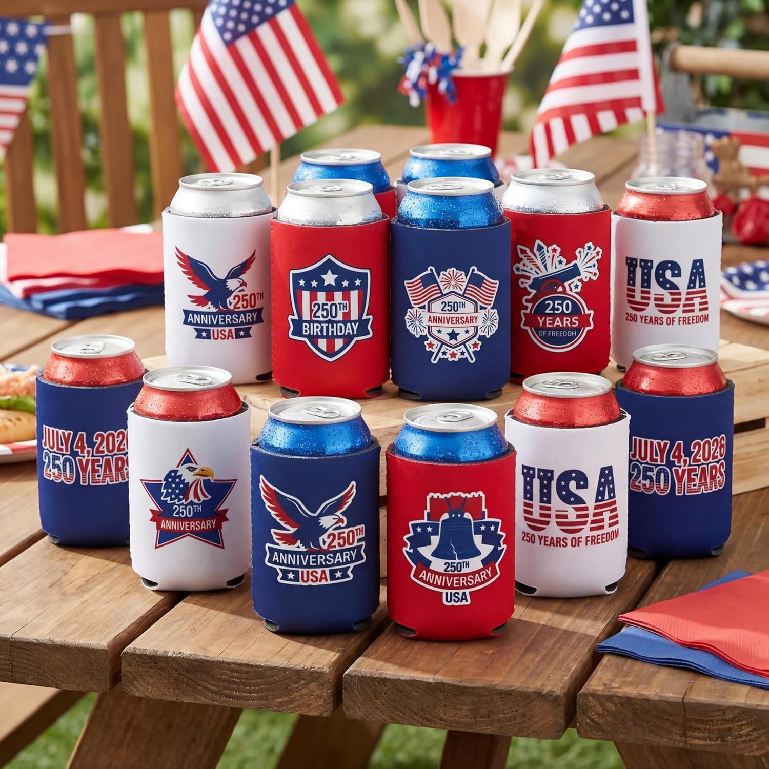 1776–2026 USA Can Cooler 250th Anniversary, American Drink Sleeve 12 oz, 4th of July Beer Holder for Independence Day, Outdoor BBQ, Neoprene
