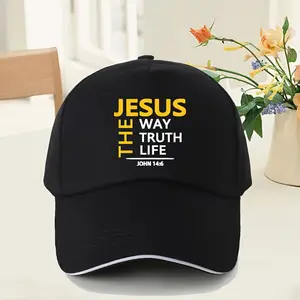 Unisex Cotton Jesus Print Baseball Cap - Black with White Lettering, Adjustable Curved Brim, Breathable, All-Season Wear, Faith-Inspired Sports & Outdoor Hat