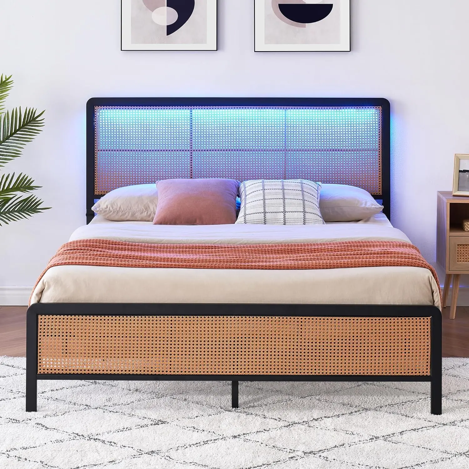 Queen Rattan Bed Frame with Handcrafted Rattan Headboard, Rustic Design, LED-Accented Headboard, Footboard, Sturdy and Durable Metal Frame, Under-Bed Storage, Easy Assembly, No Box Spring Needed, Black Mattress Foundation, Rustic Rattan Design