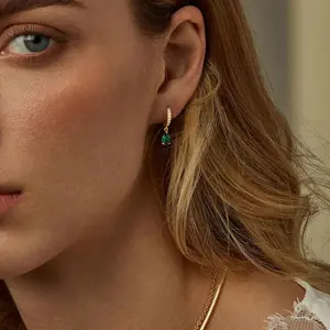 Dangle Earrings for Women Trendy 14K Gold Plated Hypoallergenic Drop Hoop Earrings Dainty Diamond Green Emerald Birthstone Huggie Earrings for Birthday Gifts