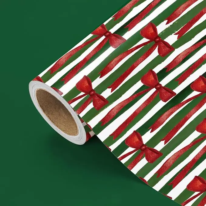 WRAPAHOLIC Reversible Bow Christmas Wrapping Paper - Mini Roll - 17 Inch x 16.5 Feet - Red Bow Wrapping Paper on Green Striped and Solid Green Design for Christmas Holiday, Winter Season