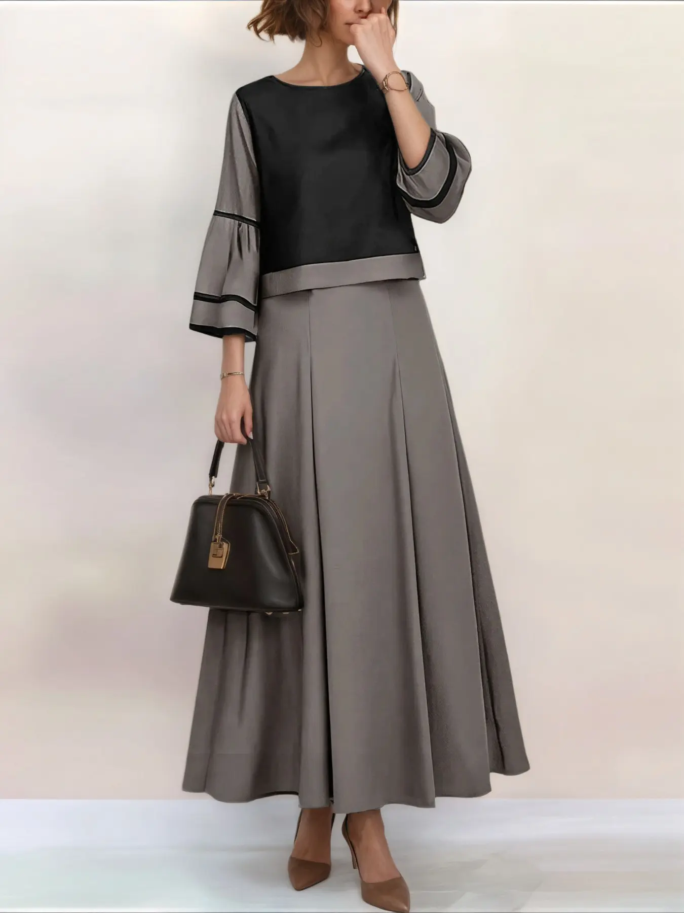 Women's Two-Piece Set, Round Neck Three-Quarter Sleeve Top + Half Skirt, Elegant Chic Loose-Fitting Casual Outfit for Daily Commuting