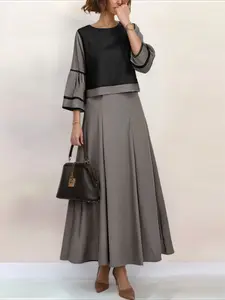 Women's Two-Piece Set, Round Neck Three-Quarter Sleeve Top + Half Skirt, Elegant Chic Loose-Fitting Outfit for Daily Commuting