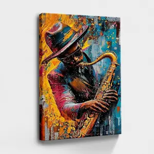 African Jazz Art Canvas - Black Man Musician Saxophone Oil Painting - Wooden Framed Wall Art for Living Room & Office Decor - High-Quality Print, Durable Canvas, Water-Resistant, Made in USA
