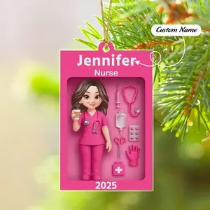 Personalized Nurse Badge Ornament, Cute Pink Medical Doll with Tools, Custom Name Christmas Gift for Nurse