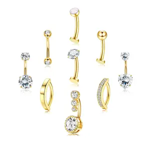 FIASASO 9 Pcs Belly Button Ring - Surgical Stainless Steel CZ Belly Rings Clicker Belly Piercings for Women Navel Piercing Jewelry Pack