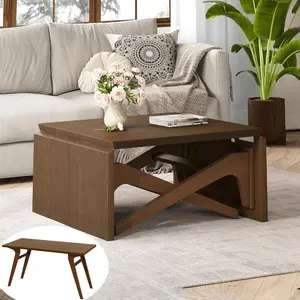 2-in-1 Convertible Coffee Table with Adjustable Height & Expandable Tabletop, 31.5" Multi-Functional Center Table Transforms to 59.5" Dining Table for 4, Space-Saving for Small Living Room,Walnut