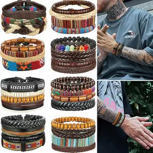 FIBO STEEL 31 Pcs Braided Leather Bracelets for Men Women Wooden Beads Cool Hemp Tribal Wristbands Cuff Punk Multilayered Bracelets Trendy Stack Bangle