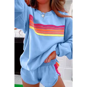 2 Piece Lounge Sets for Women Spring Rainbow Striped Long Sleeve Casual Sweatshirt Shorts Matching Sweatsuits Outfits, Round Neck Loose Sweatshirt Colorful Striped Elastic Waist Shorts Set