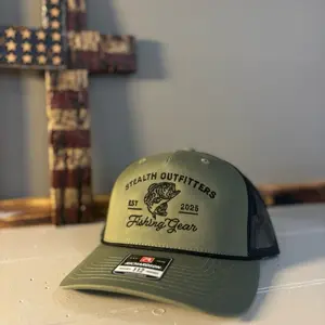 Stealth Outfitters 2025 Fishing Gear Trucker Hat Olive Green Richardson 112 Black Mesh Cap with Embroidered Logo