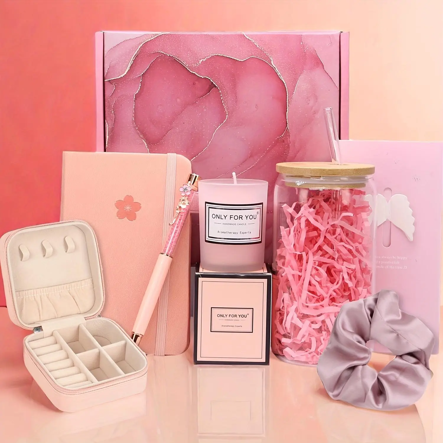 Women's Festive Party Gift Box Set - Glass Jewelry Case, Cozy Scented Candle, Crystal Ballpoint Pen - Female Targeted Ceremony Gift, Mother’s Day Ready with Cozy Candle Glow for Birthday, Anniversary