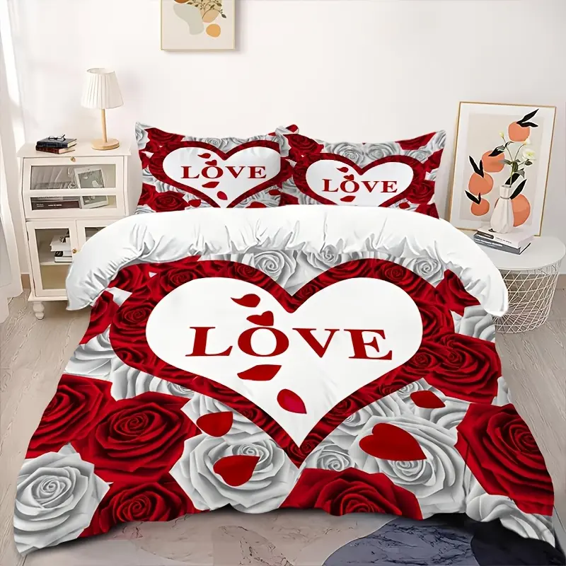 3-Piece Valentine's Day Love Heart & Rose Print Bedding Set - Soft Skin-Friendly Polyester, Breathable All Seasons Duvet Cover Set with Zipper Closure, Machine Washable, Bedding Decoration, Ideal Gift (1 Quilt Cover + 2 Pillowcases, No Filler), Love Heart