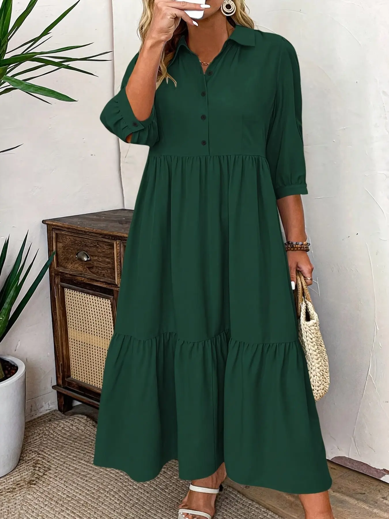 Women's Plus Size Fashion Casual Wear Elegance Shirt Dress, Buttoned Dress, Button Front, Three Quarter Sleeves, Loose Fit, Midi Length, All Seasons, Summer