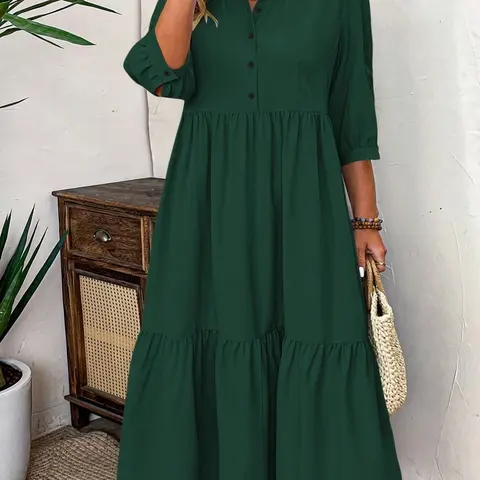 Women's Plus Size Fashion Casual Wear Elegance Shirt Dress, Buttoned Dress, Button Front, Three Quarter Sleeves, Loose Fit, Midi Length, All Seasons, Summer