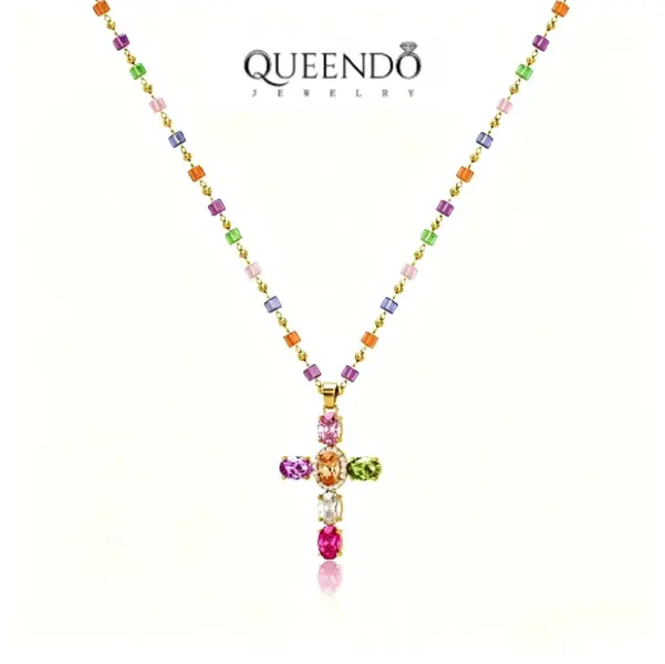 QUEENDO 14k Gold-plated multicolor cubic Zirconia Cross Biblical Faith Pendant Necklace - Rainbow Cross Christian Charm, Elegant Rhinestone-Inlaid Religious , Women's Layerable Faith Accessory, Women's everyday casual match item Jewelry