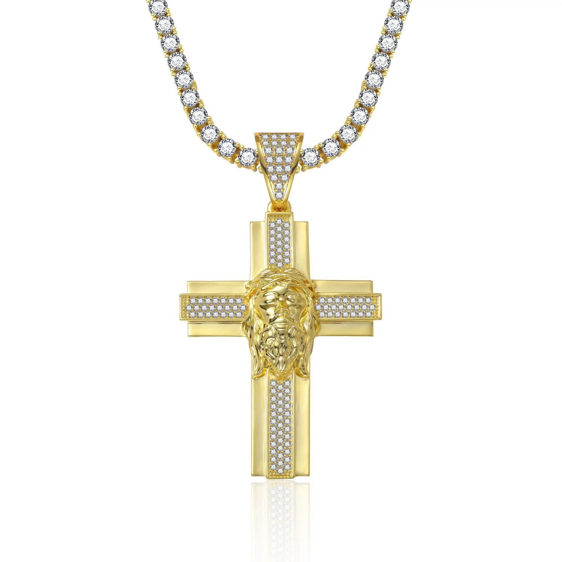 14K Gold Plated Cross Necklace, Jesus Piece with Tennis Chain, Sparkling Cubic Zirconia Pendant, Hip Hop Bling Jewelry, Iced Out Religious Charm, Christian Baptism Gift, Mens Gold Crucifix, Unisex Streetwear Accessory, Catholic Faith Medal