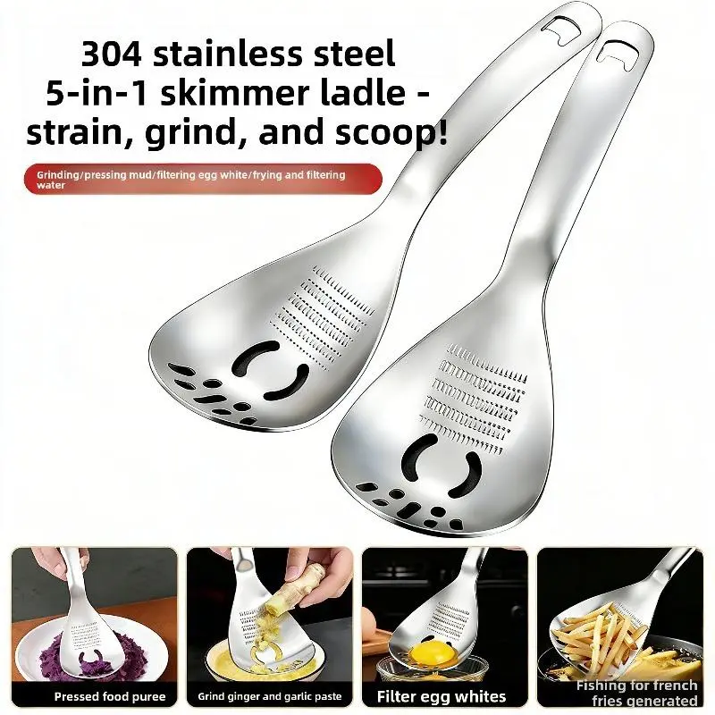 304 Stainless Steel Functional Strainer Spoon - Metal Kitchen Cooking Accessories with Ergonomic Design, Potato Mashing, Garlic Grating, Skimmer & Bottle Opener for Everyday Cook