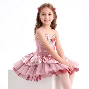Girls Spaghetti Strap Ballet Tutu Dress  girls   3D Floral Embroidery Layered Satin Tulle Skirt Kids Ballerina Costume for Stage Recital Birthday Party Photo Shoot
