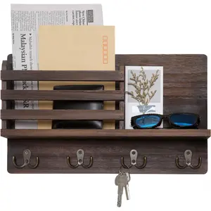 Wall Mounted Mail Holder Wooden Key Holder Rack Mail Sorter Organizer with 4 Double Key Hooks and A Floating Shelf Rustic Home Decor for Entryway or Mudroom,15.7" W x9.3 Hx3.2 D, Brown
