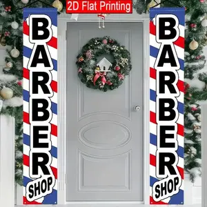2D flat barber themed porch outdoor banner | 2D flat polyester flag with barber shop text design for restaurant and event outdoor courtyard lawn decoration, 12x70.8 inches
