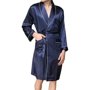Men Satin Bathrobe with Belt Adults Contrast Color Long Sleeve V-neck Night Robe with Pockets S/M/L/XL