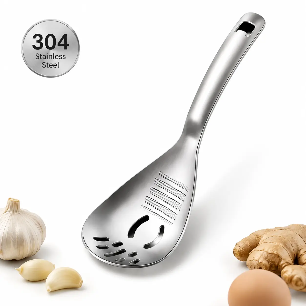 304 Stainless Steel Multifunctional Kitchen Spoon, Egg White Separator, Garlic & Ginger Grater, Masher & Strainer, All-in-One Cooking Tool for Home Kitchen