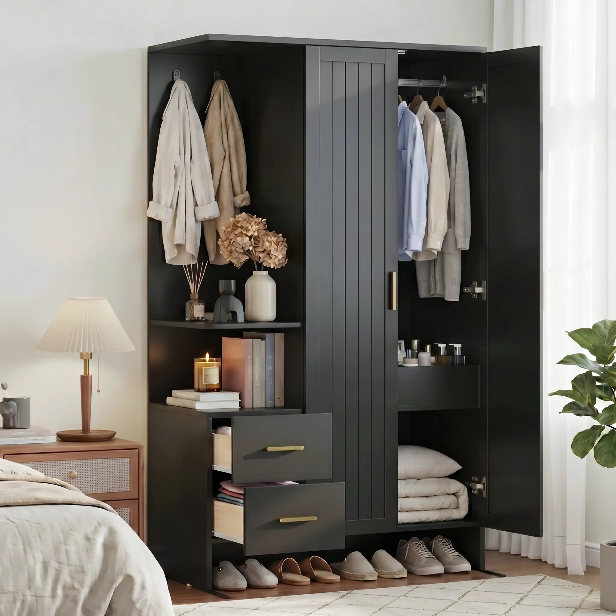 Armoire Wardrobe Closet with Side Open Shelves, Bedroom Tall Wardrobe with Hanging Rod & 2 Drawers, Black Large Armoires with Built in Grid Organizer