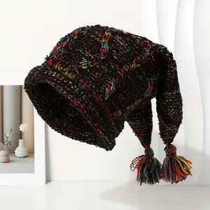 Women's Colorful Tasseled Beanie, 100% Polyester Stretchy Material, Breathable Winter Hat with Long Tassels, Elastic Fit for Face Coverage & Versatile Outfits