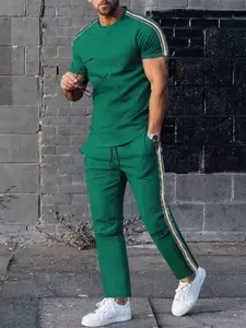 Two-Piece Set Men's Solid Color Tee & Drawstring Waist Pants Set, Regular Fit Casual Fashion Cozy Breathable Two-piece for Daily Outdoor Wear, Men Clothes for Spring Fall, Casual Outfit Set