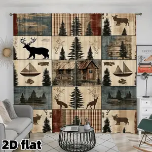 2D Flat 2Pcs Rustic Woodland Cabin Pattern Curtains Vintage Forest Wildlife Moose Deer Pine Trees Sailboat Design Rod Pocket Style Semi Sheer Polyester Fabric Suitable for Living Room Bedroom Kitchen Study Window Treatment